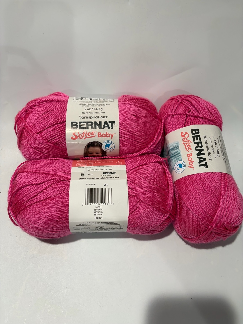 NEW Lot of 3 Bernat Softee Baby Yarn in Petunia Pink Each Skein 5 Oz
